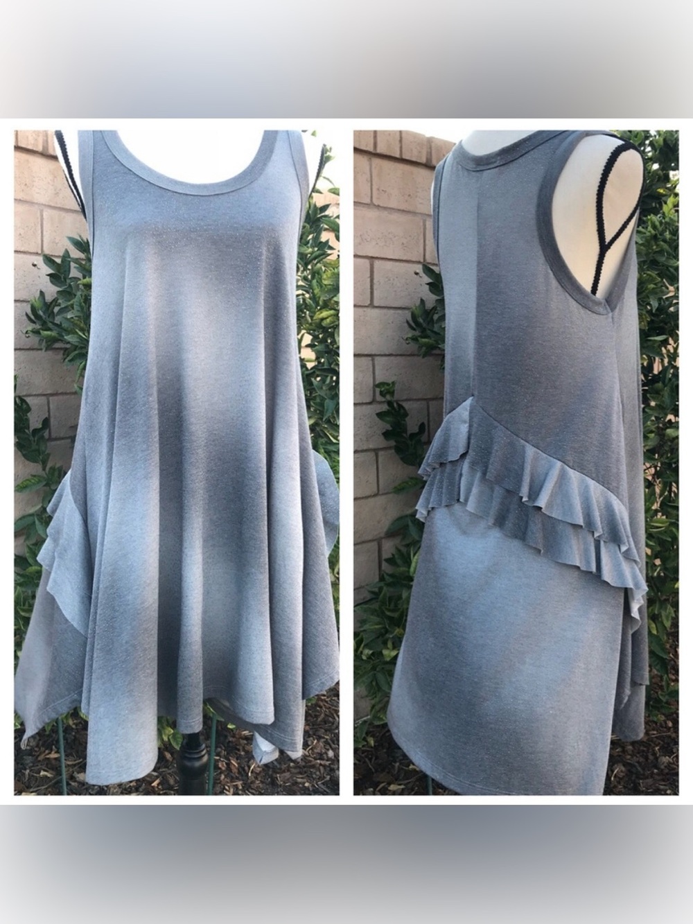 Romeo & Juliet Couture Gray Silver Bead Ruffle Handkerchief Hem Dress Sz M